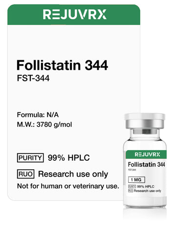 Vial labeled 'Follistatin 344' by REJUVRX on a white background