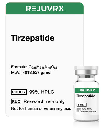 REJUVRX Tirzepatide vial with label on a white background