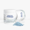 Two containers of Focus Powder by Rejuvrx with powder spilling out on a white background