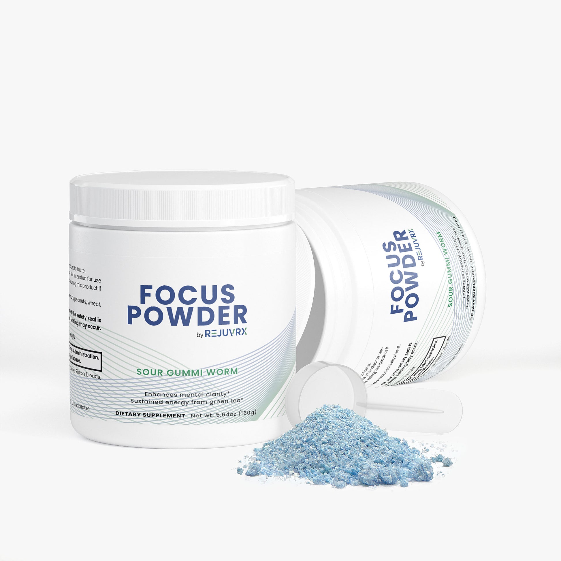 Two containers of Focus Powder by Rejuvrx with powder spilling out on a white background