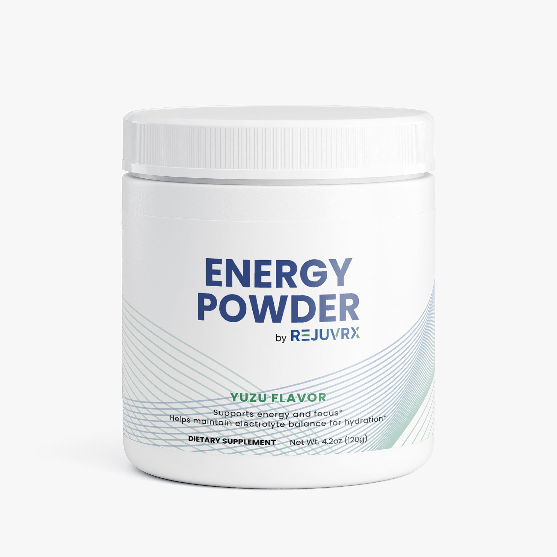 Container of Energy Powder by Rejuvrx with yuzu flavor on a white background