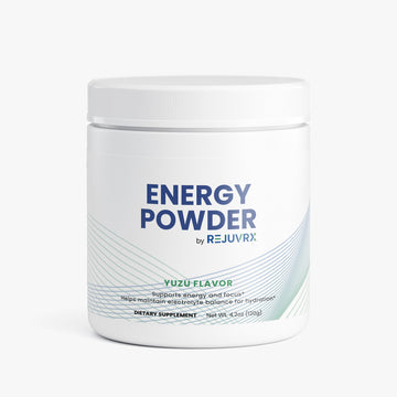 Container of Energy Powder by Rejuvrx with yuzu flavor on a white background
