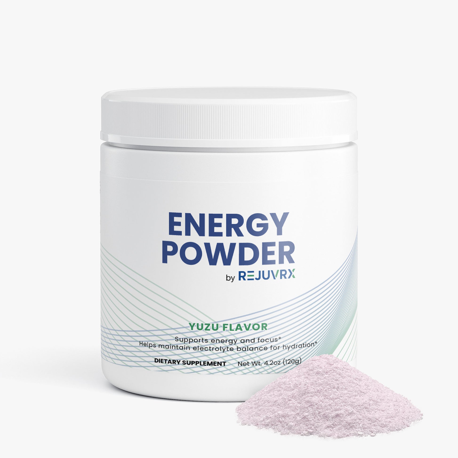 Container of Energy Powder by Rejuvrx with yuzu flavor on a white background