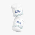 Two containers of energy powder on a white background