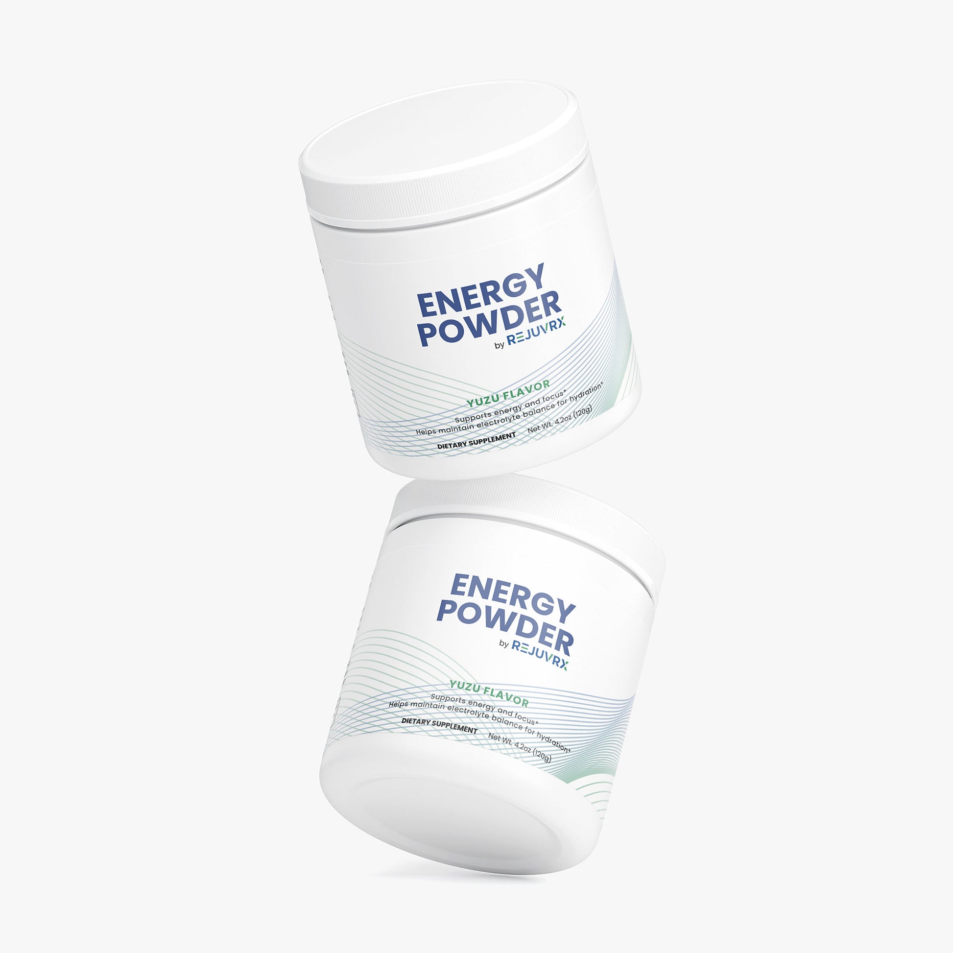 Two containers of energy powder on a white background
