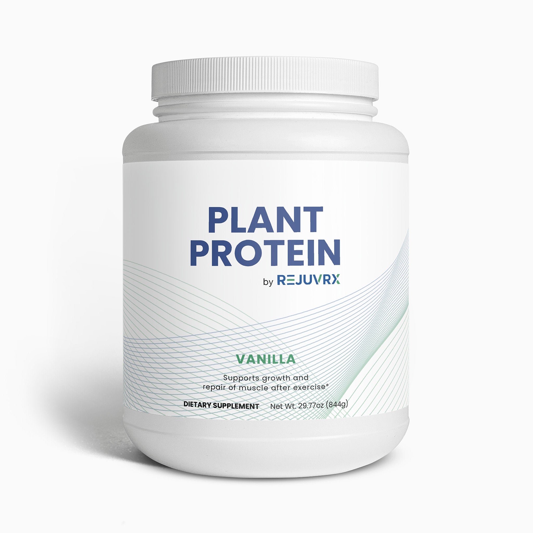 White container of Plant Protein by Rejuvrx on a white background