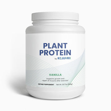 White container of Plant Protein by Rejuvrx on a white background
