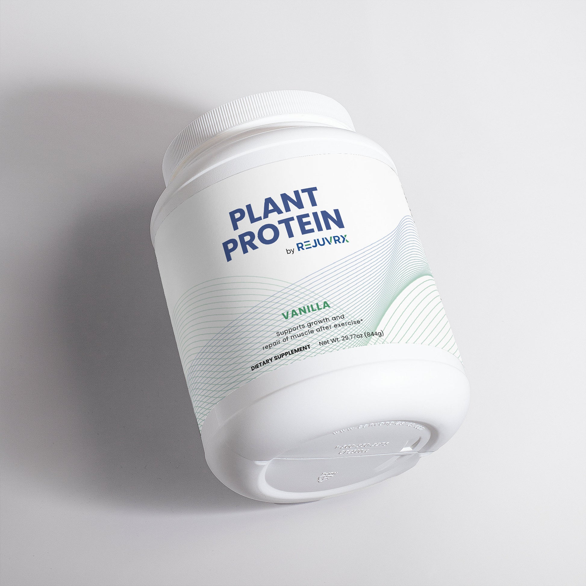 Container of Plant Protein by Rejuvrx on a light gray background