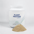 Jar of Rejuvrx Plant Protein with a scoop of protein powder on a white background