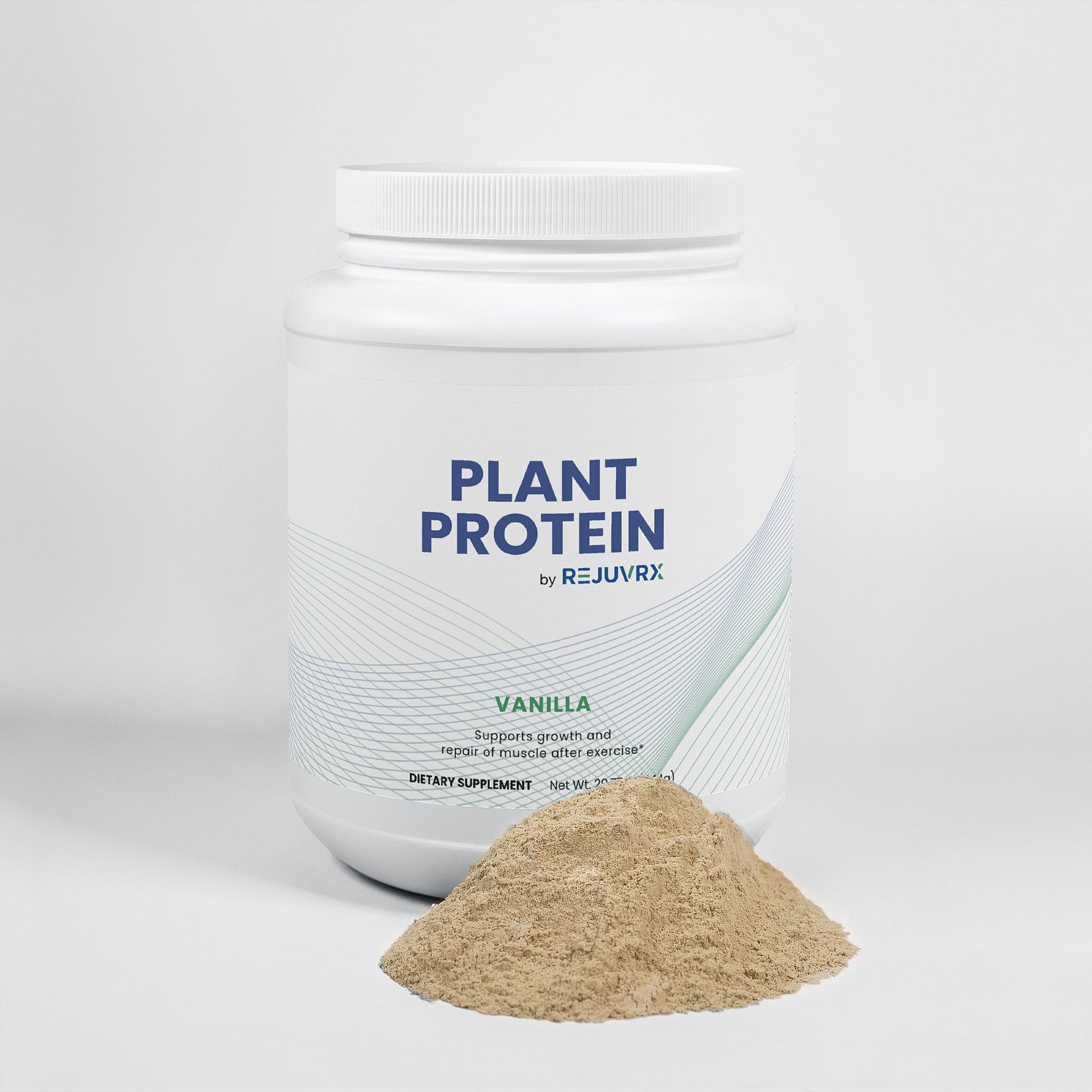 Jar of Rejuvrx Plant Protein with a scoop of protein powder on a white background