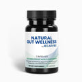 Black supplement bottle labeled 'Natural Gut Wellness by Rejuvrx' on a white background