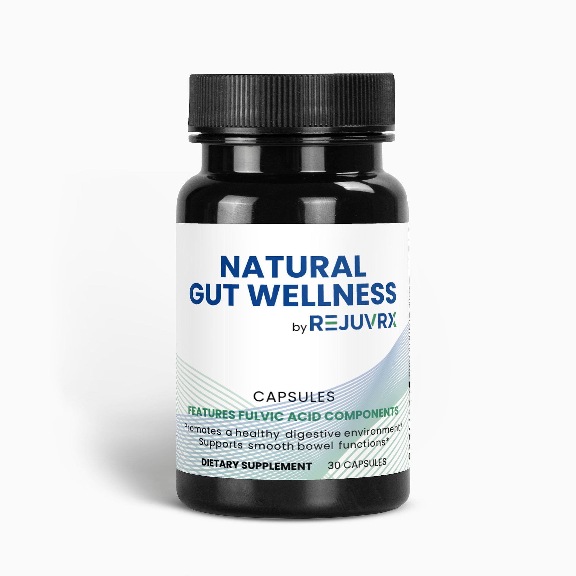 Black supplement bottle labeled 'Natural Gut Wellness by Rejuvrx' on a white background
