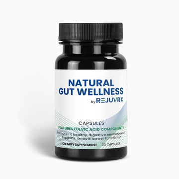 Black supplement bottle labeled 'Natural Gut Wellness by Rejuvrx' on a white background