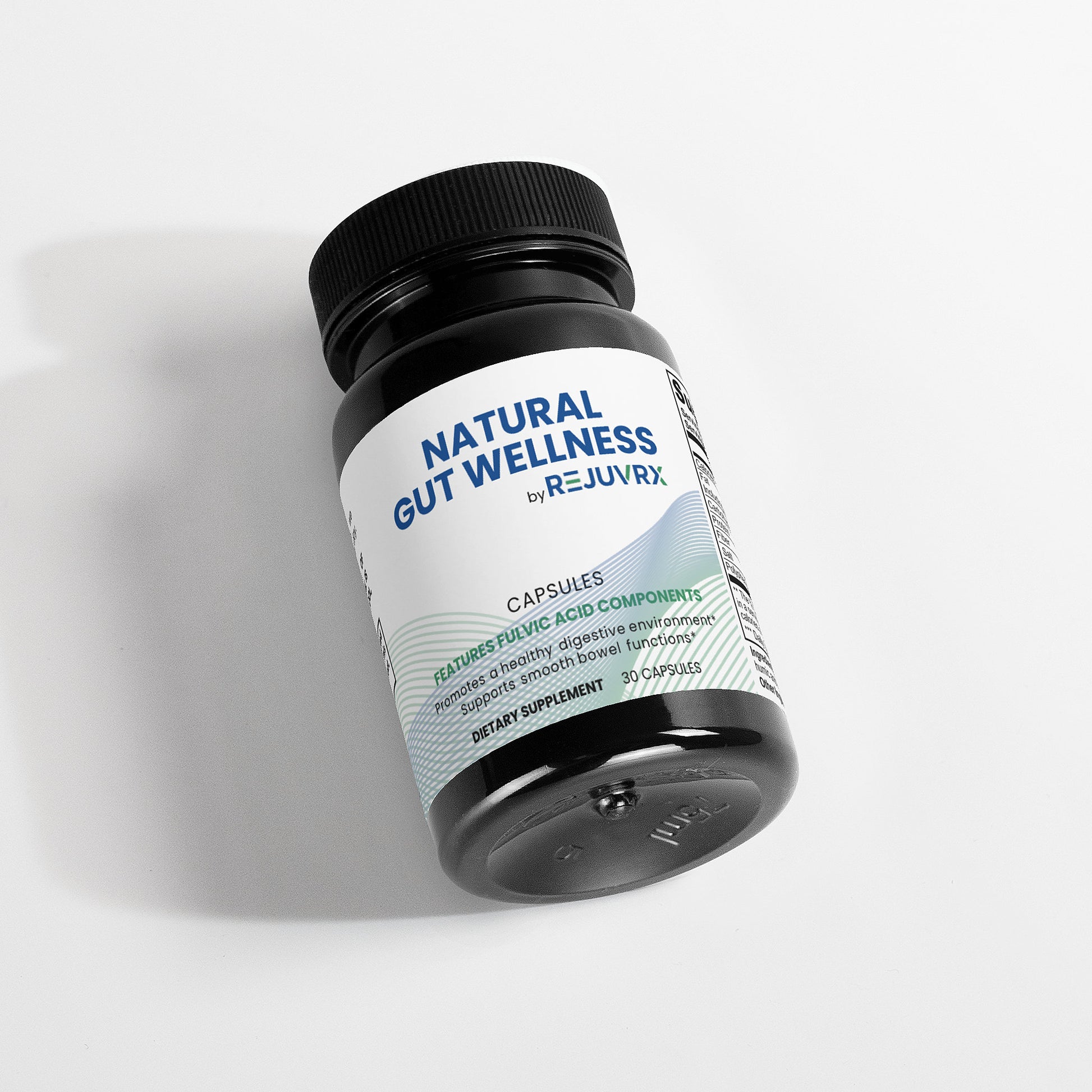 Supplement bottle labeled 'Natural Gut Wellness by Rejuvrx' on a light gray background