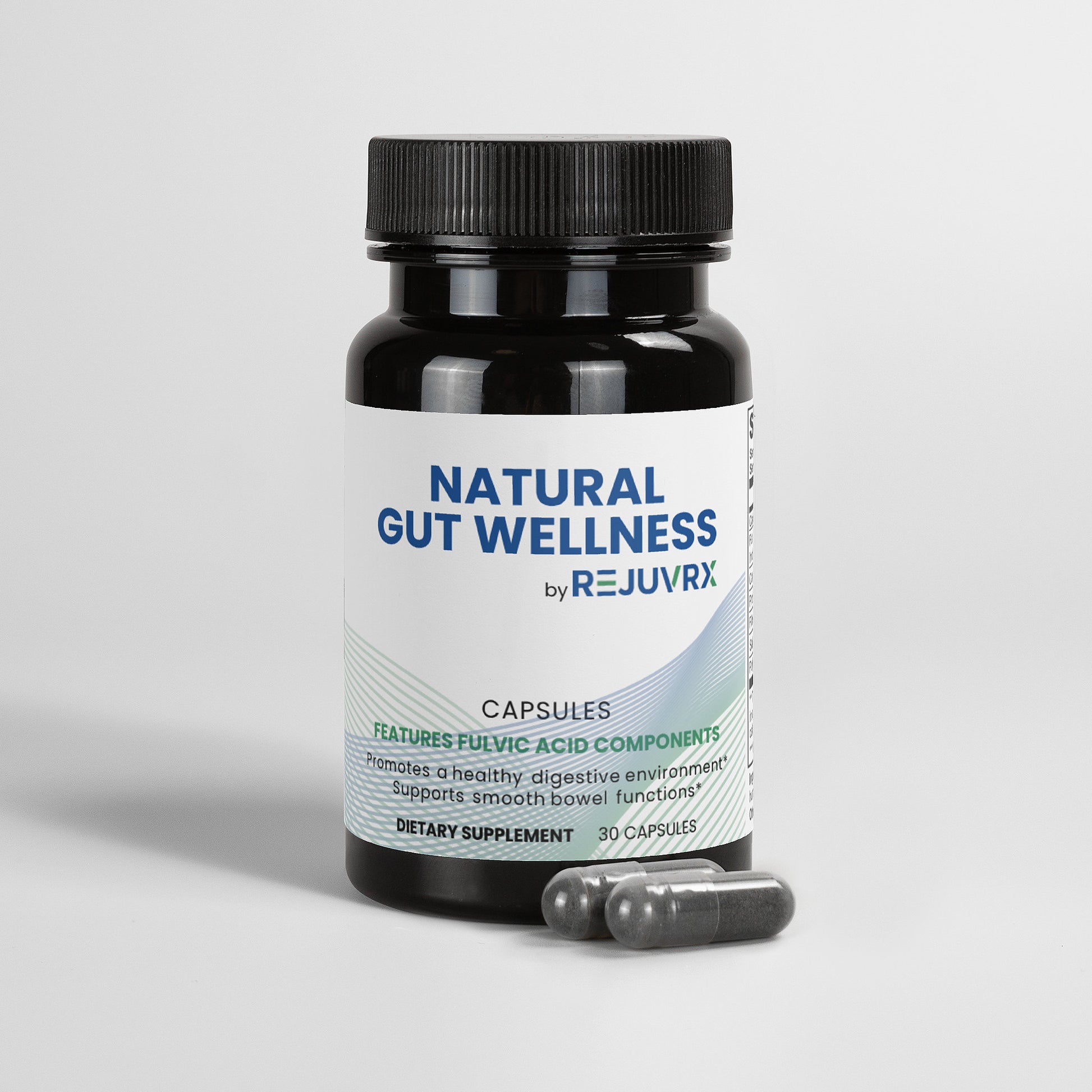 Supplement bottle labeled 'Natural Gut Wellness by Rejuvrx' on a light gray background