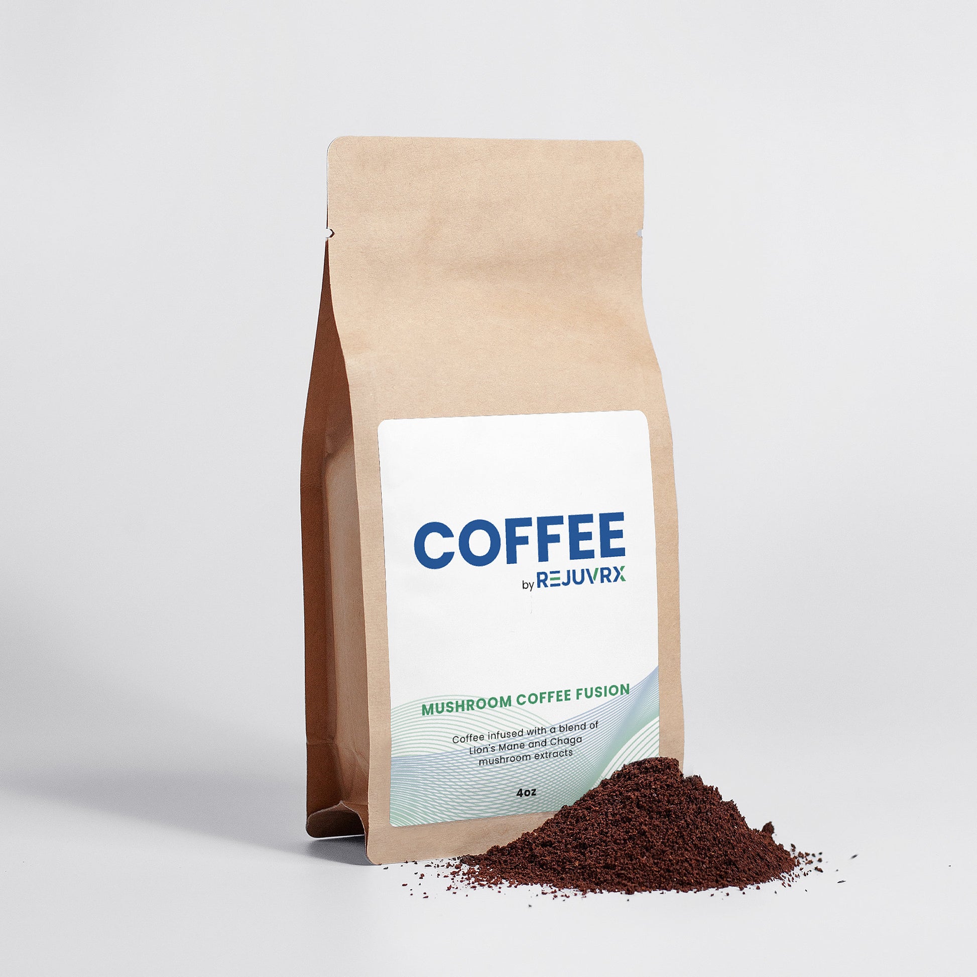 Kraft paper coffee bag with Rejuvrx label on a white background