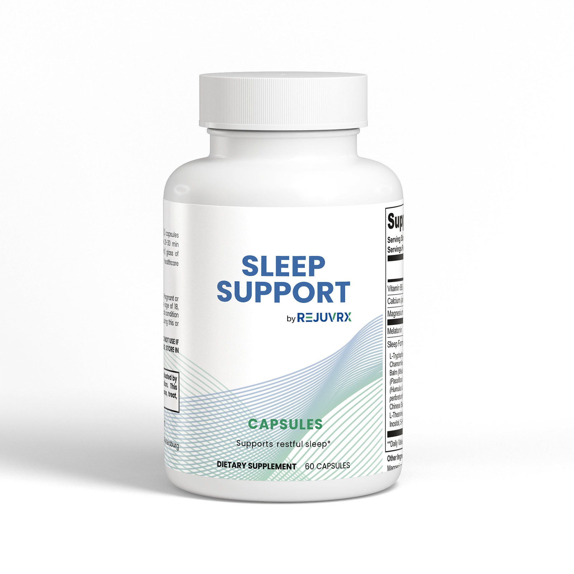Sleep support supplement bottle with 'REJUVRX' branding on a white background