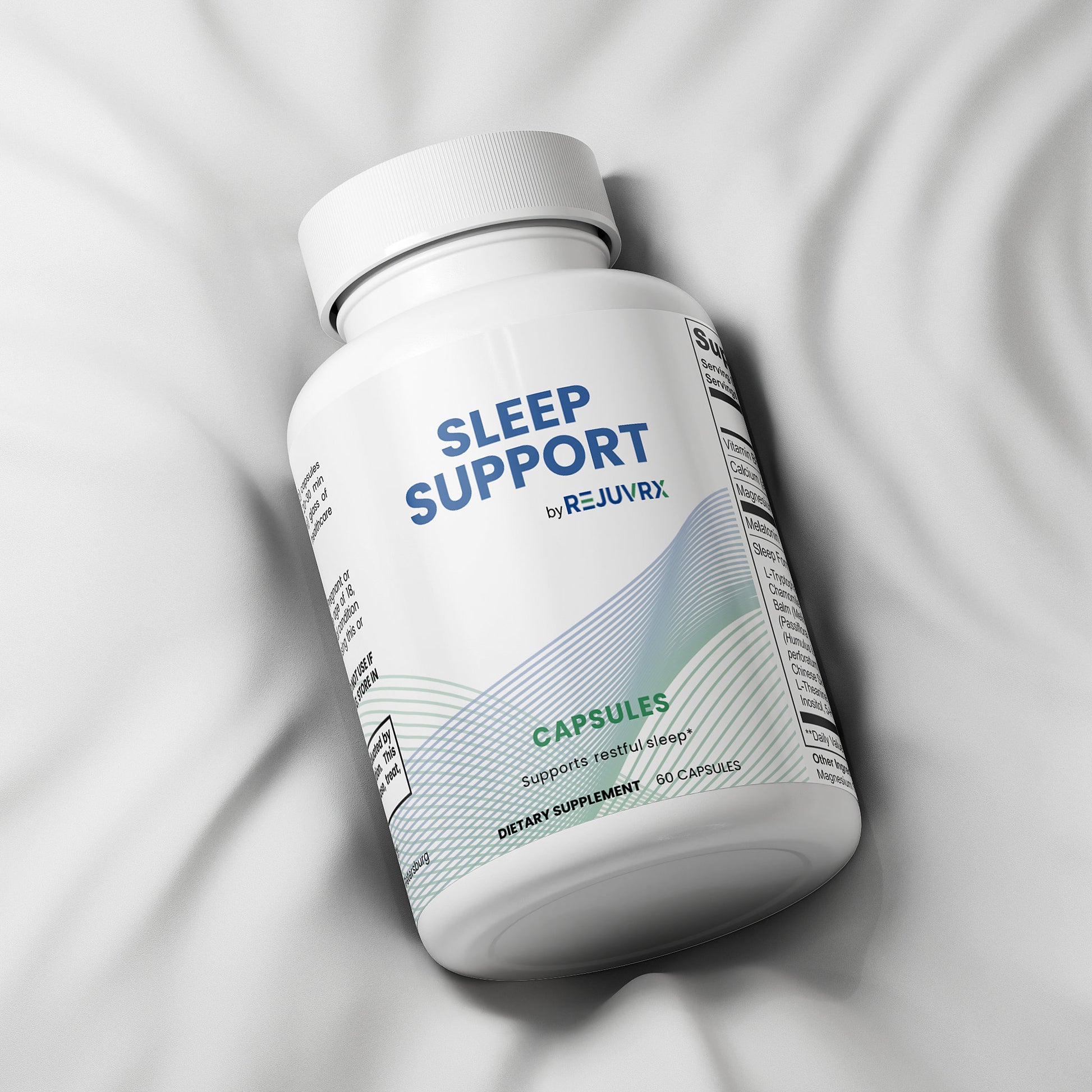 Sleep support supplement bottle labeled 'Rejuvrx' on a light gray background