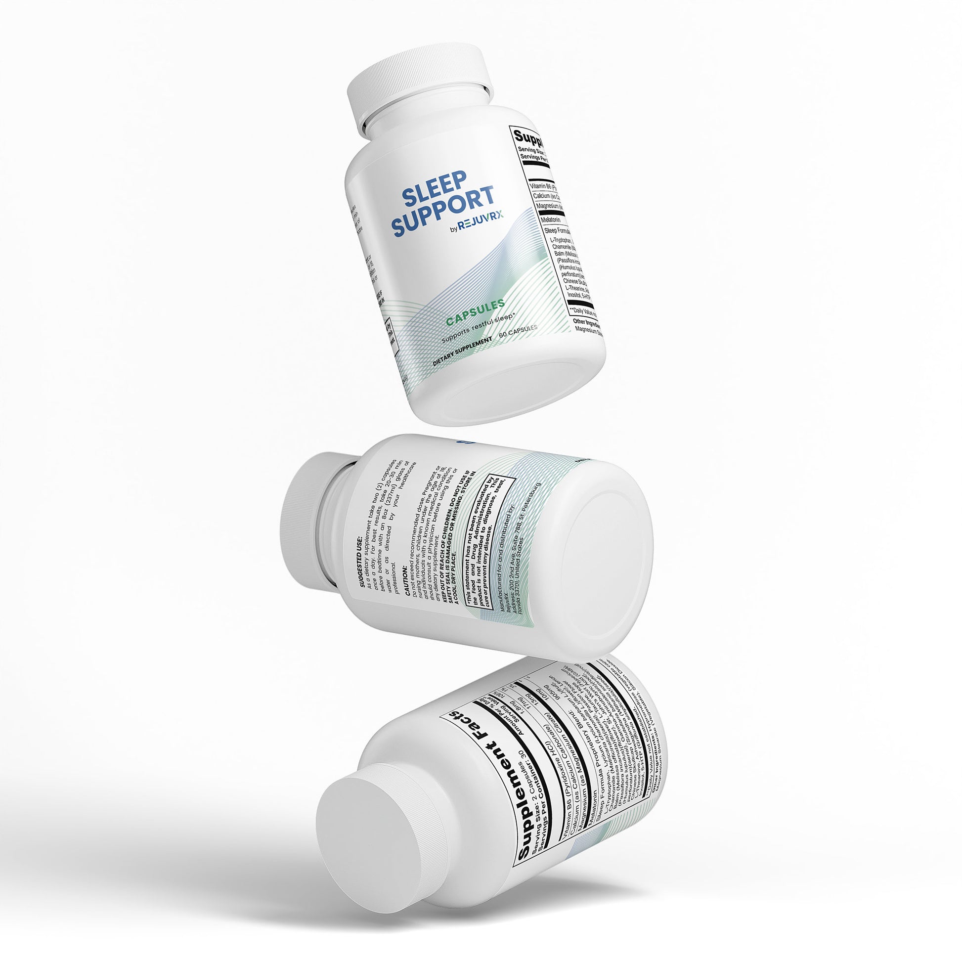 Three bottles of sleep support capsules on a white background