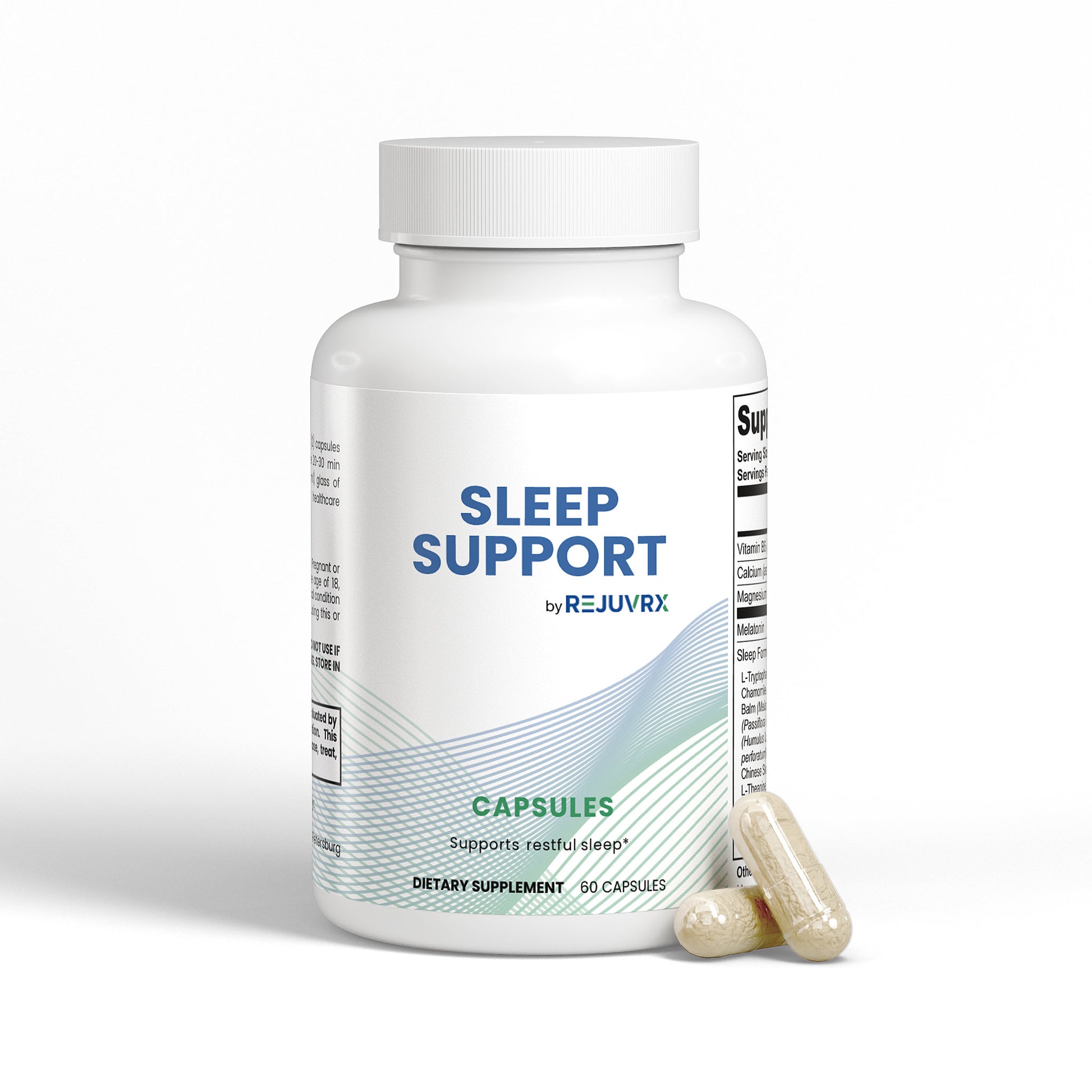 Sleep support supplement bottle with capsules on a white background