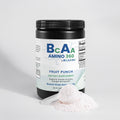BCAA supplement container with a scoop of powder on a light gray background