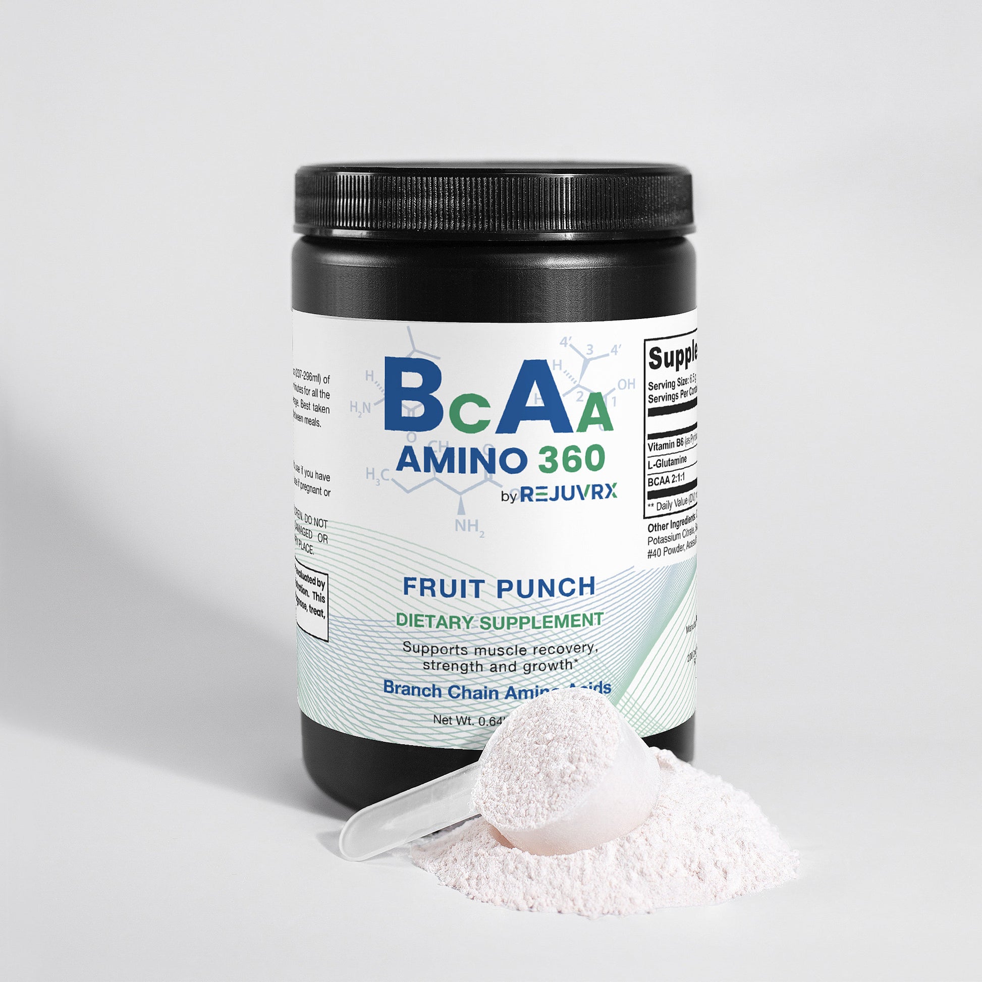 BCAA supplement container with a scoop of powder on a light gray background