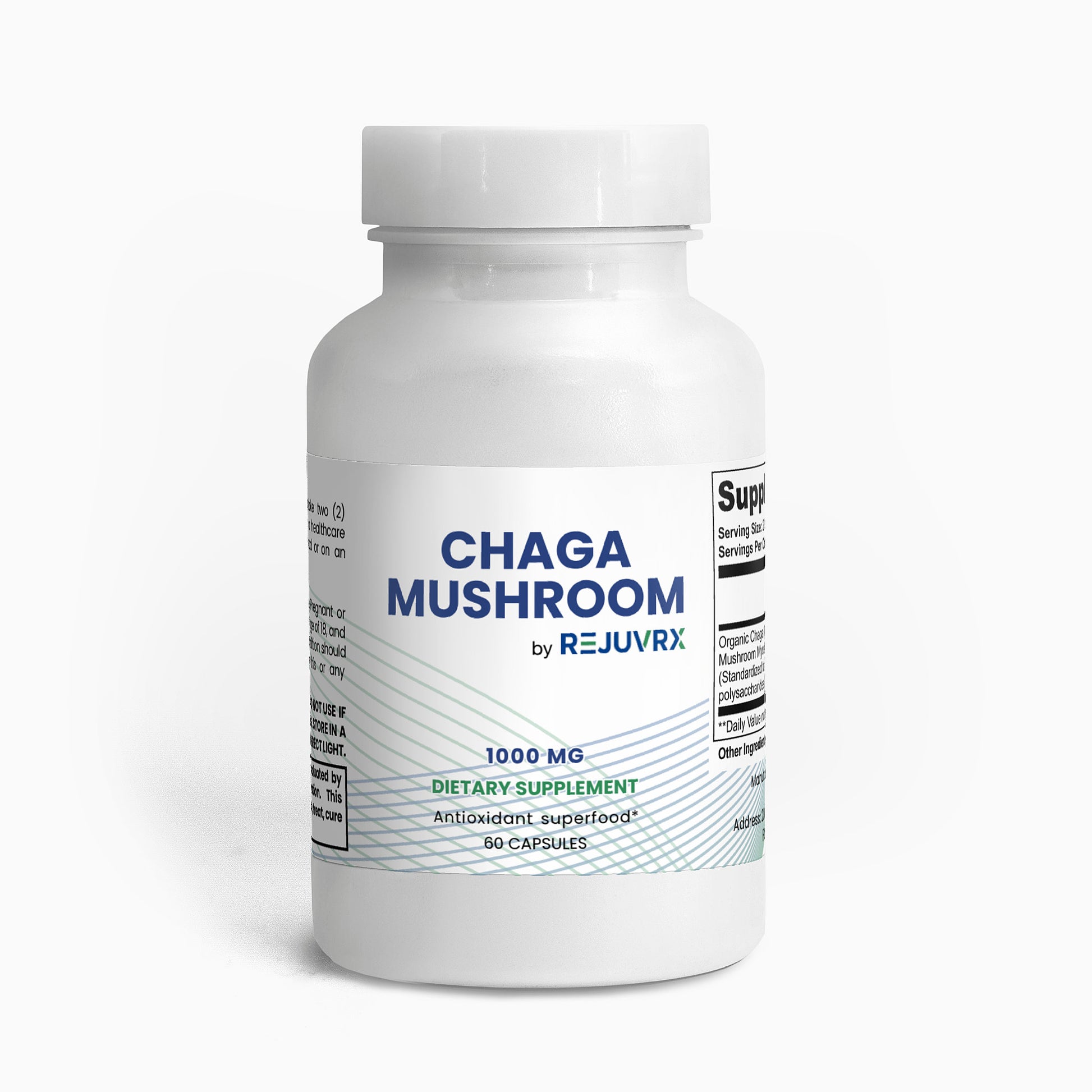 Supplement bottle labeled 'Chaga Mushroom by Rejuvrx' on a white background
