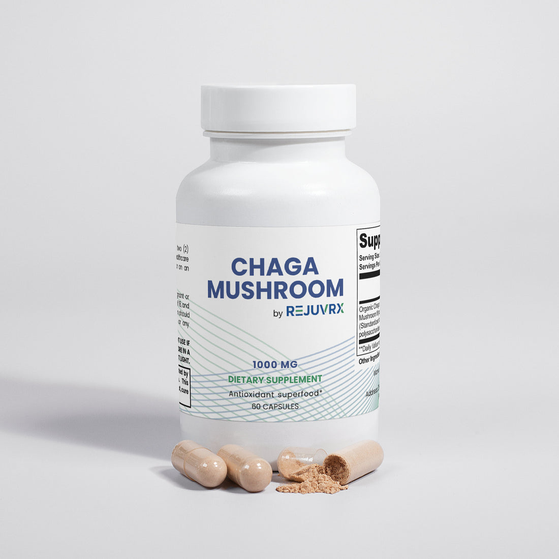 Supplement bottle labeled 'Chaga Mushroom by Rejuvrx' on a white background