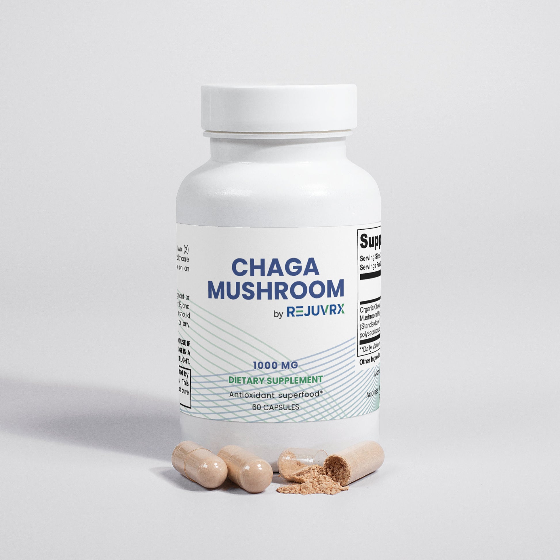 Supplement bottle labeled 'Chaga Mushroom by REJUVRX' on a light gray background