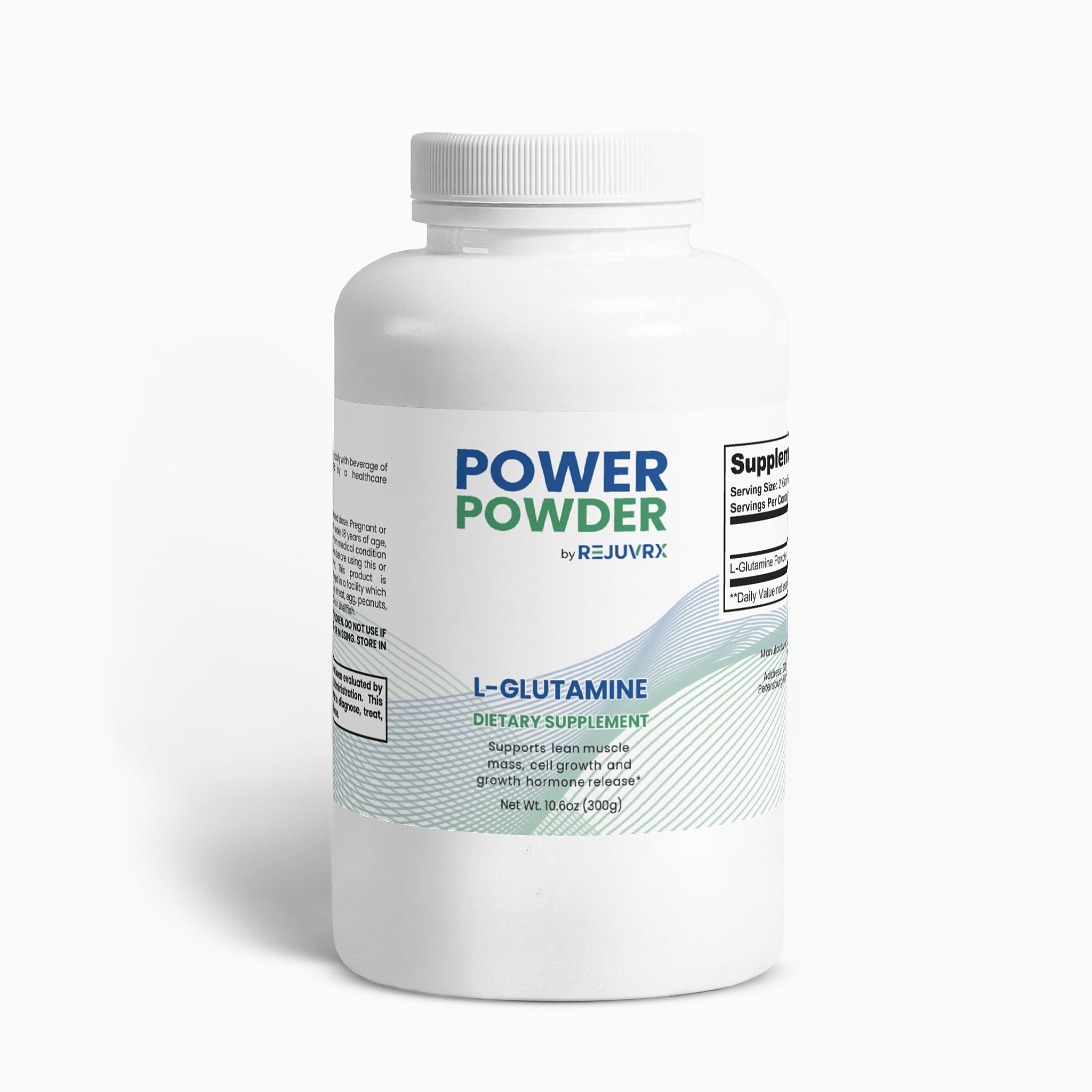 Supplement bottle labeled 'Power Powder by Rejuvrx' on a white background