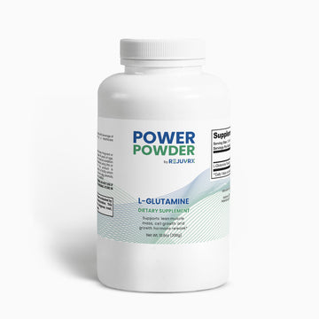 Supplement bottle labeled 'Power Powder by Rejuvrx' on a white background