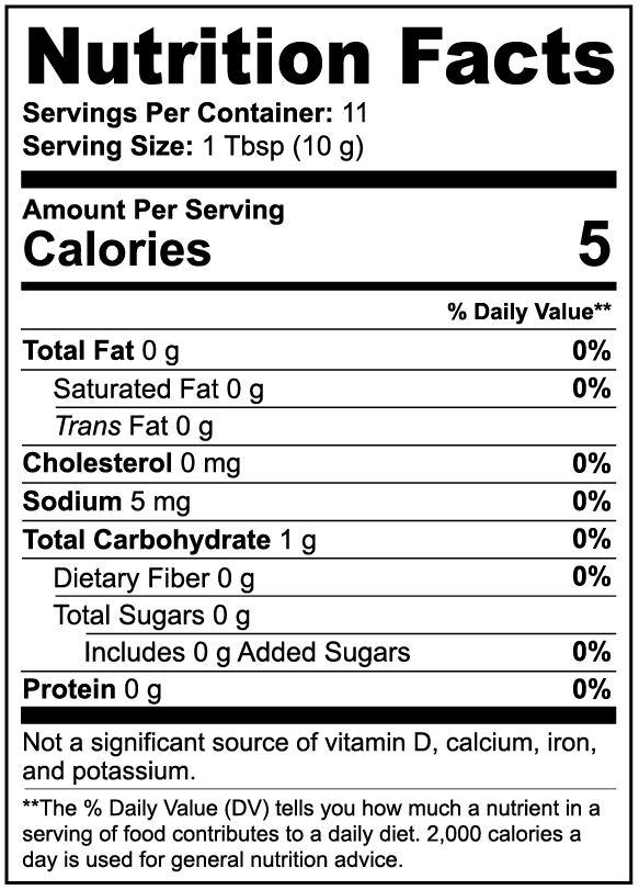 Nutrition facts label for a product with 5 calories per serving