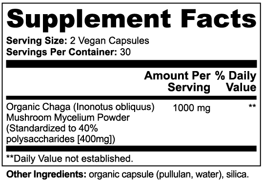 Supplement facts label for Organic Chaga mushroom powder with serving size and container details.