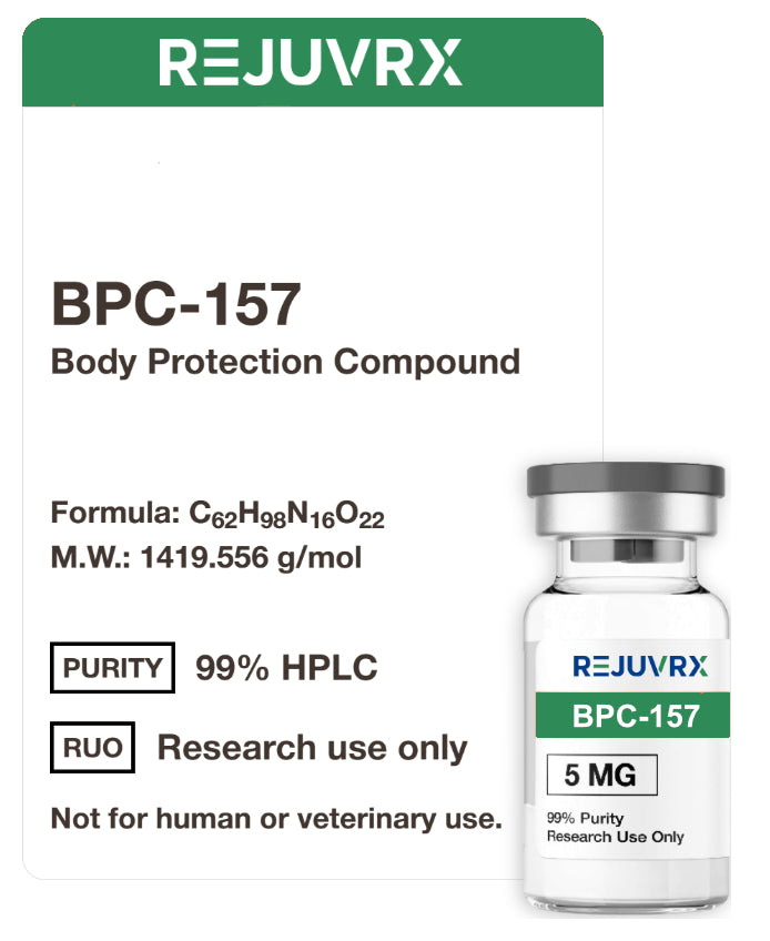 REJUVRX BPC-157 Body Protection Compound packaging with a vial on a white background