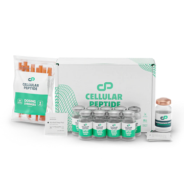 Packaging of Cellular Peptide products including vials, syringes, and a box on a white background.