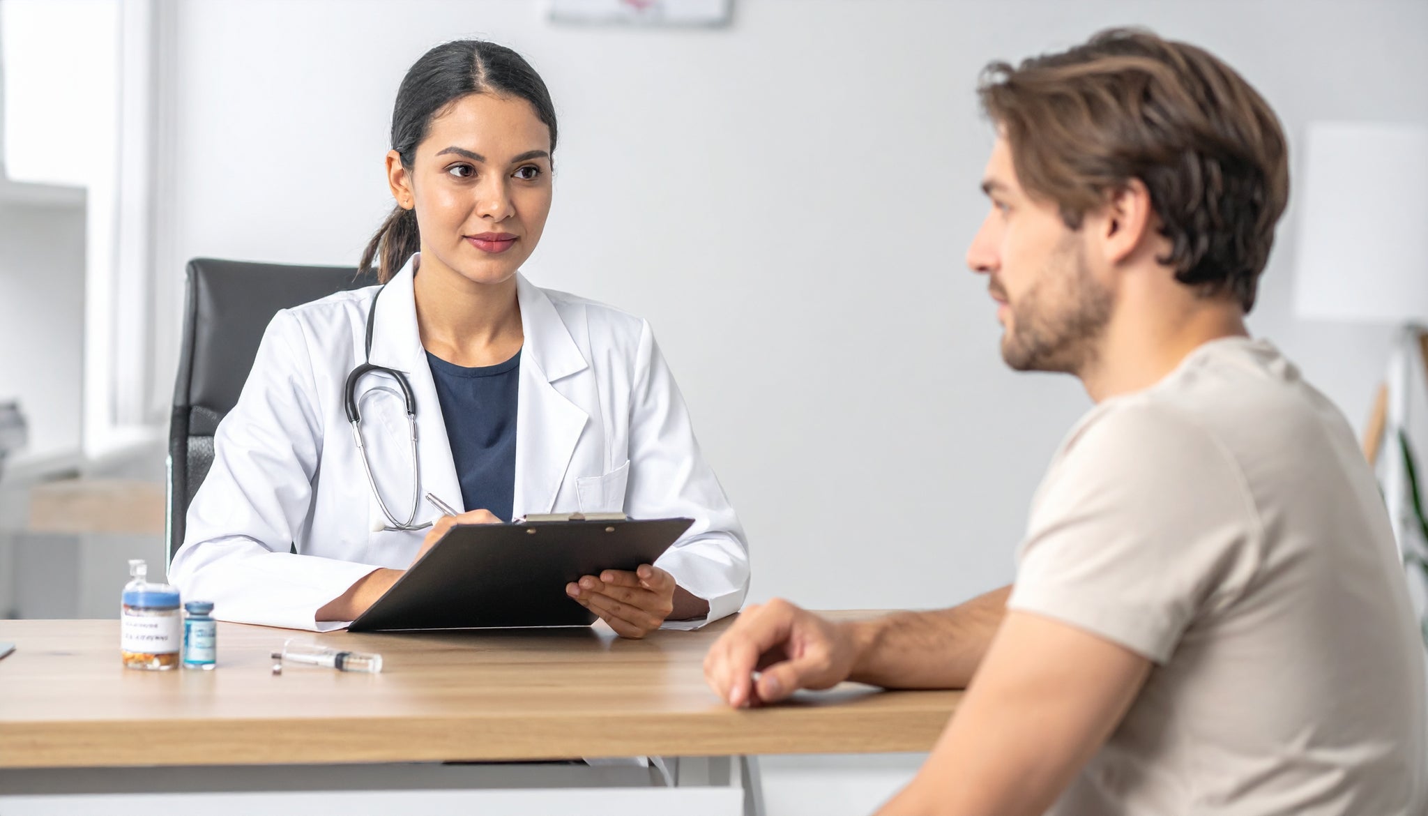 Doctor in a white coat with a stethoscope talking to a patient in a medical office.