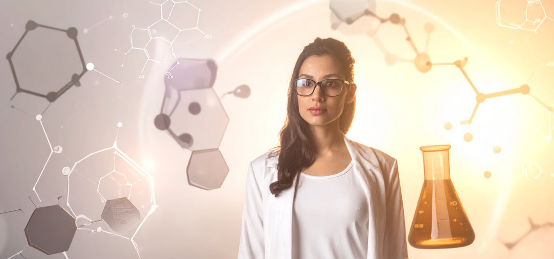 Woman in a lab coat with molecular structures and a beaker in the background