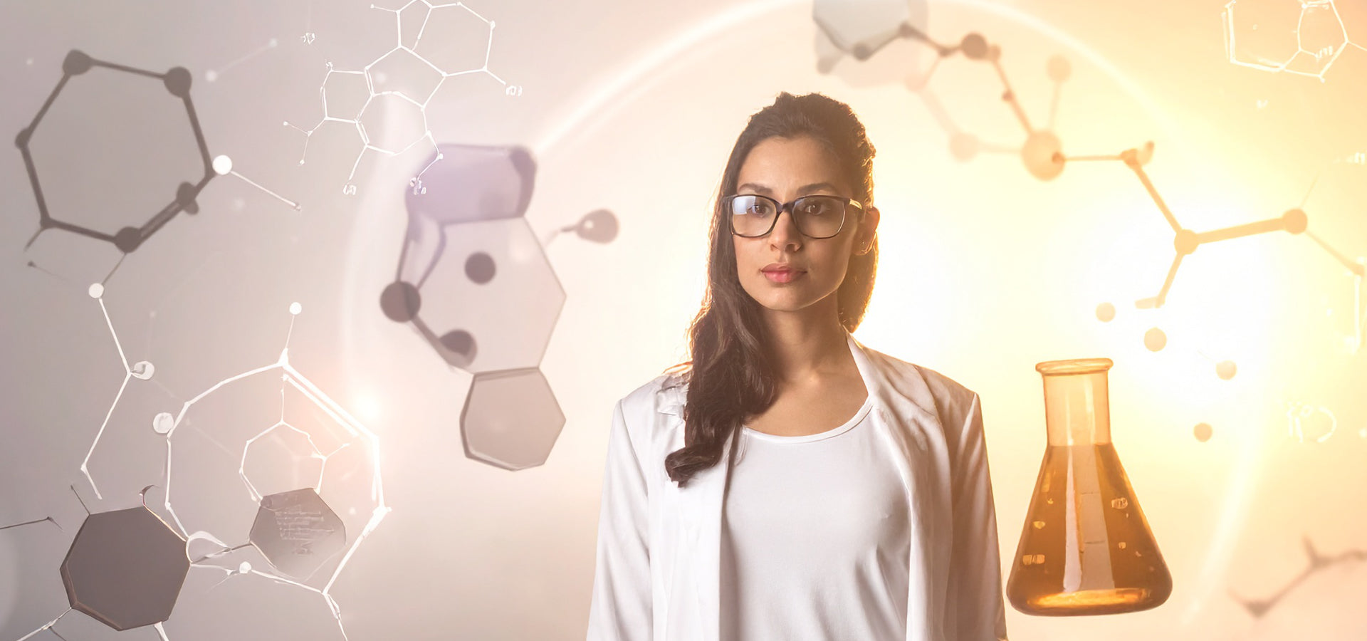 Woman in a lab coat with molecular structures and a beaker in the background