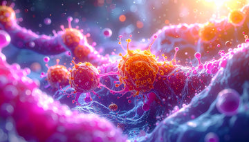 Colorful depiction of virus-like particles on a cellular background