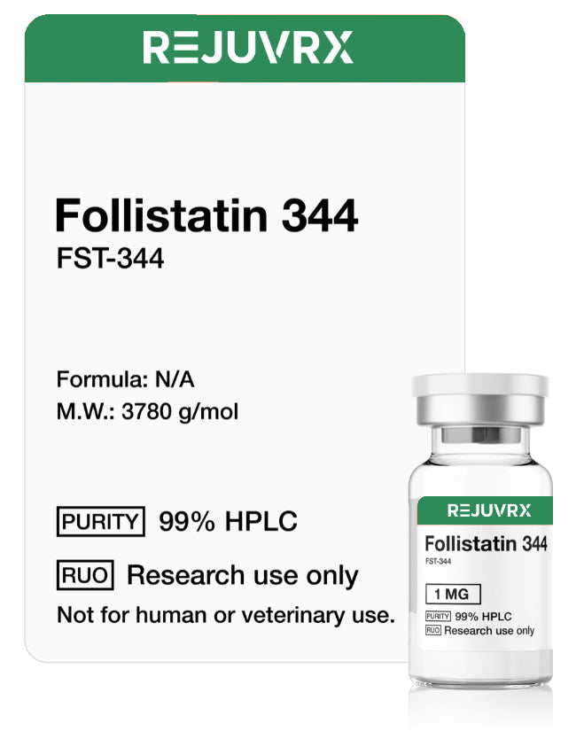 Vial labeled 'Follistatin 344' by REJUVRX on a white background