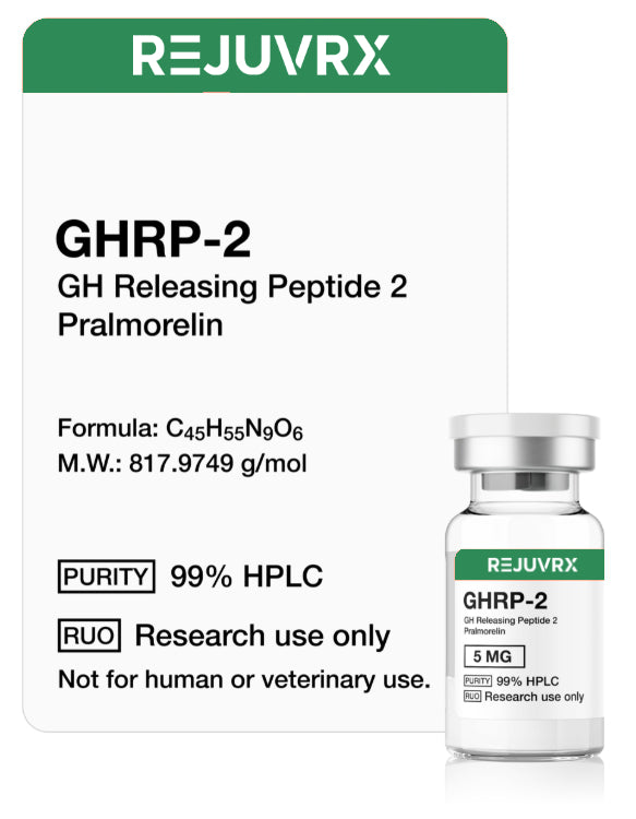 Rejuvrx GHRP-2 GH Releasing Peptide 2 Pralmorelin packaging with a vial on a white background