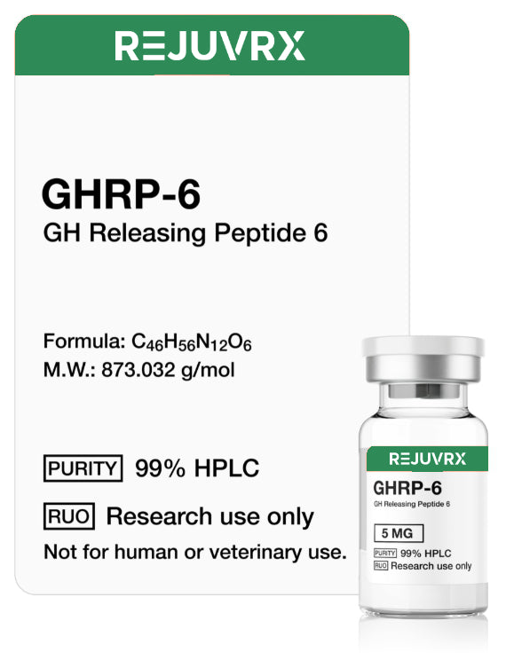 Rejuvrx GHRP-6 GH Releasing Peptide 6 packaging with a vial on a white background