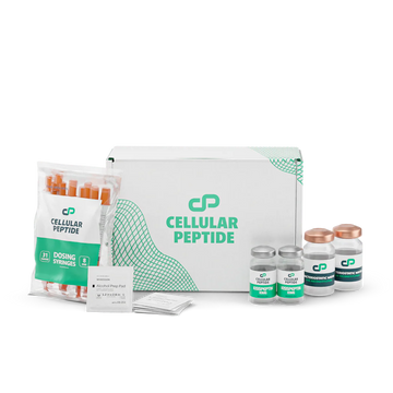 Collection of Cellular Peptide products including vials and packaging on a white background
