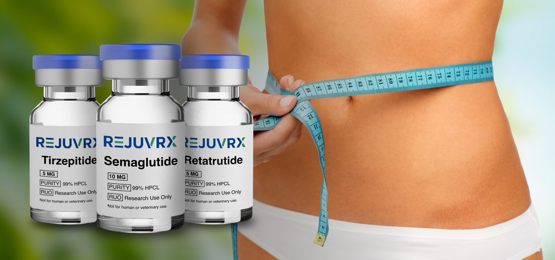 Three vials of REJUVRX with a person measuring their waist on a blurred green background