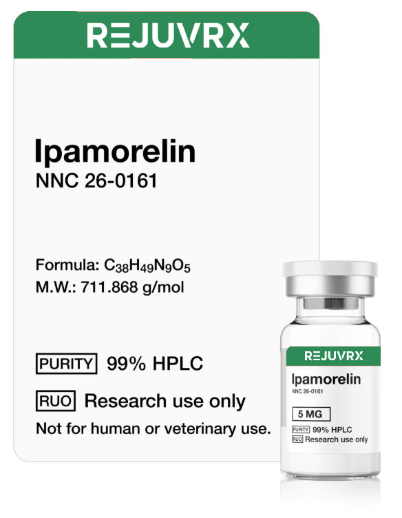 Vial labeled 'Ipamorelin' with REJUVRX branding on a white background