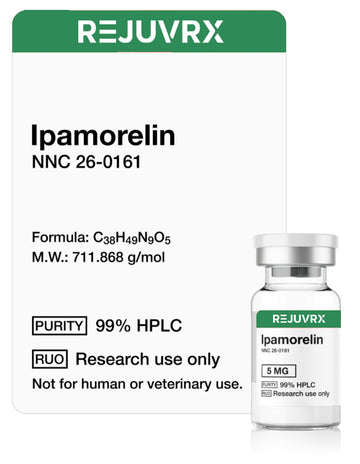 Vial labeled 'Ipamorelin' with REJUVRX branding on a white background