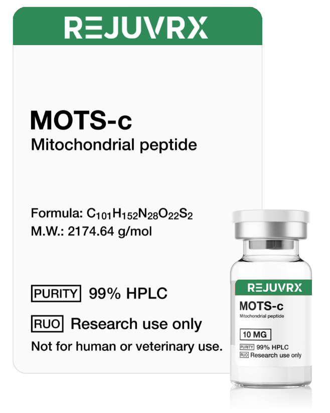 REJUVRX MOTS-c mitochondrial peptide bottle with label on a white background