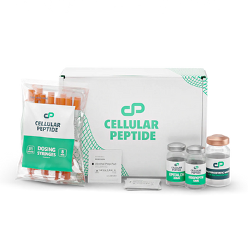 Packaging of Cellular Peptide products including vials and dosing strings on a white background.