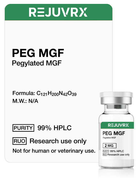 REJUVRX PEG MGF product packaging with a vial and label on a white background