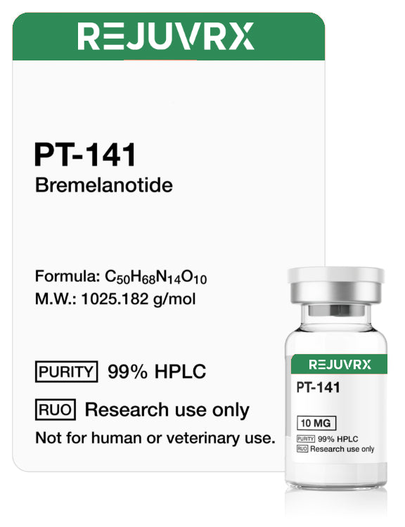 REJUVRX PT-141 Bremelamontide vial with label on a white background